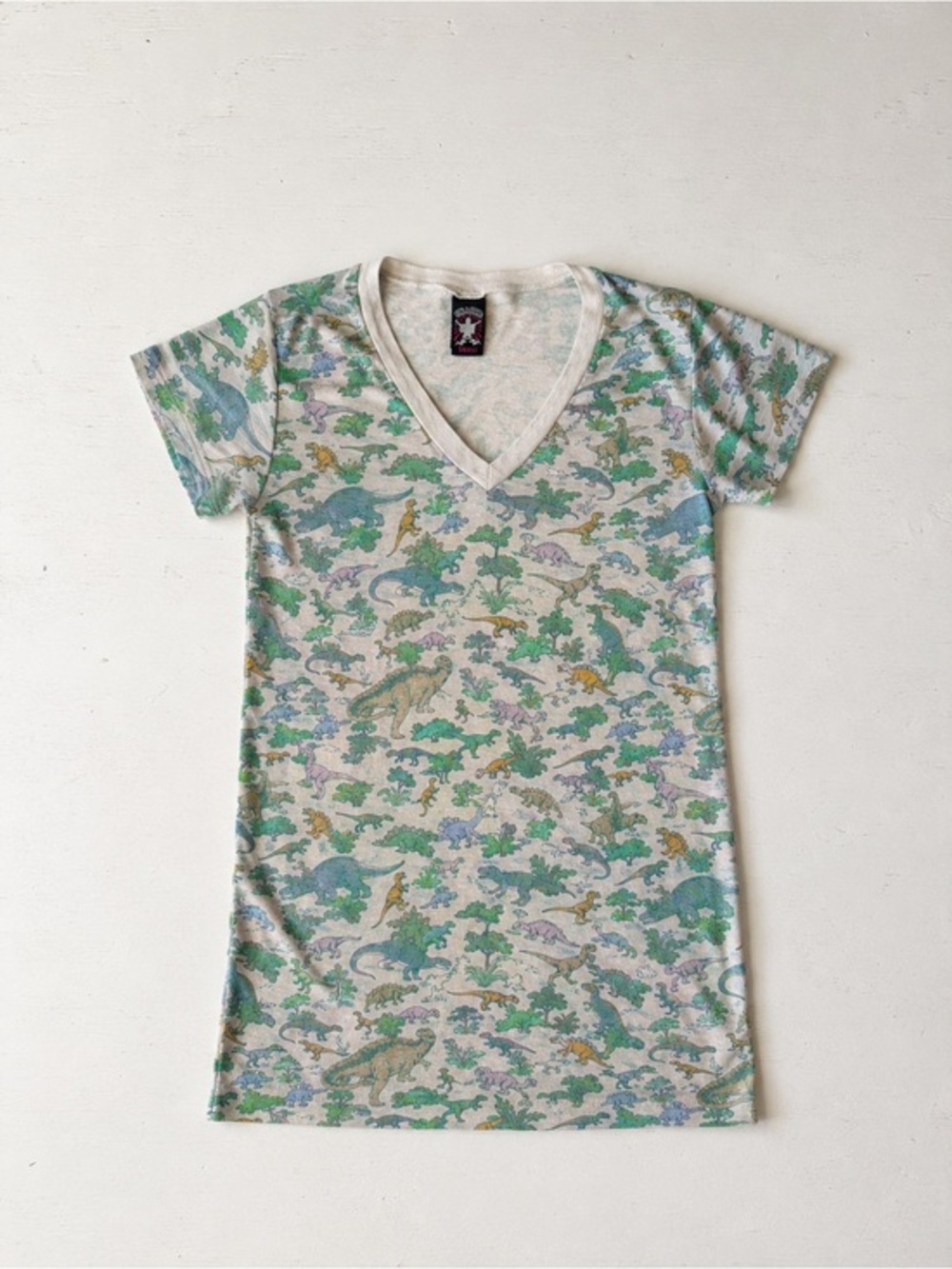 Vintage Y2K Hot Topic Chaser Dinosaur All Over Print V-Neck Tee Small Made in US
